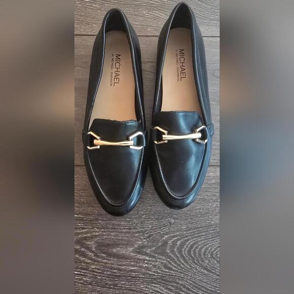 Shoes - Michaels Women's Black Leather Loafers with Gold Accent